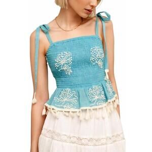 NEW KNIT & LOUNGE boho embroidered smocked peplum tank top in mint